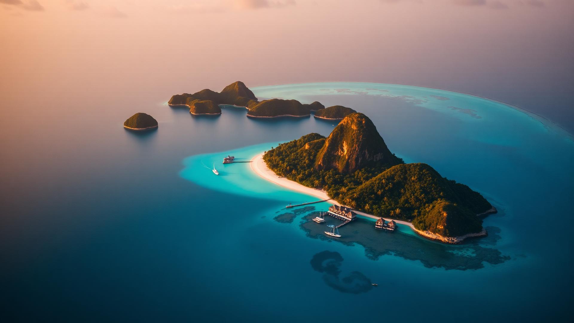 Aerial view of tropical archipelago at golden hour